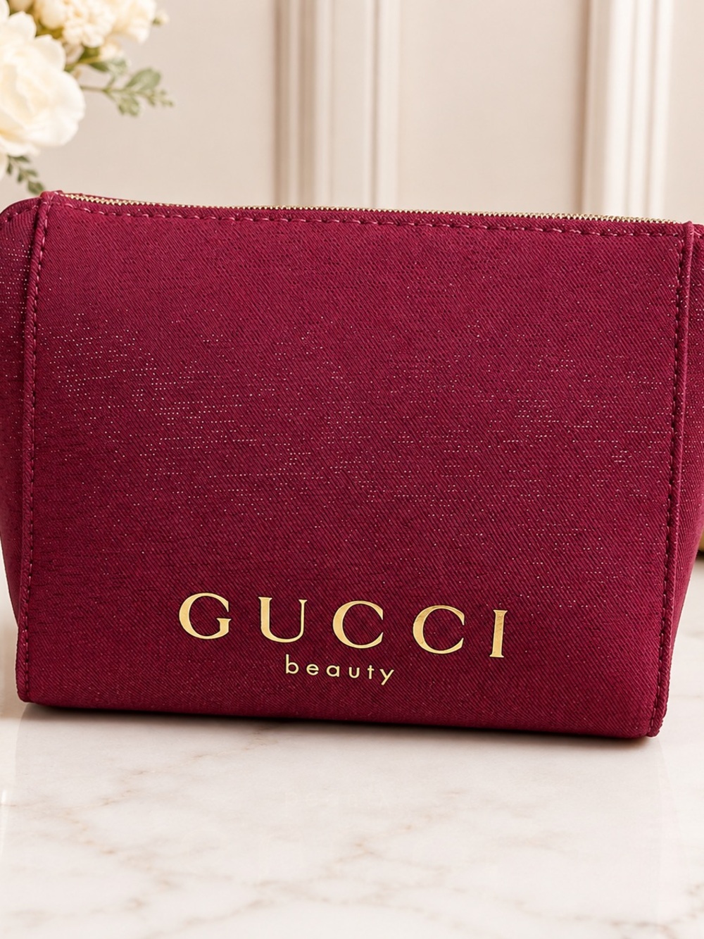 Gucci Beauty Burgundy Cosmetic Pouch with Gold Logo